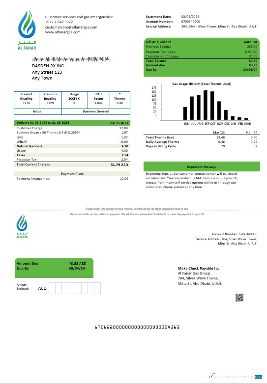 Download UAE Al Fanar Gas Group business utility bill template in Word and PDF formats Photoshop template